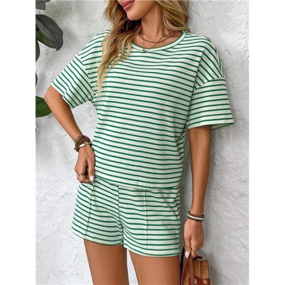 Striped Round Neck Short Sleeve Top and Shorts Set - Picture 2 of 16
